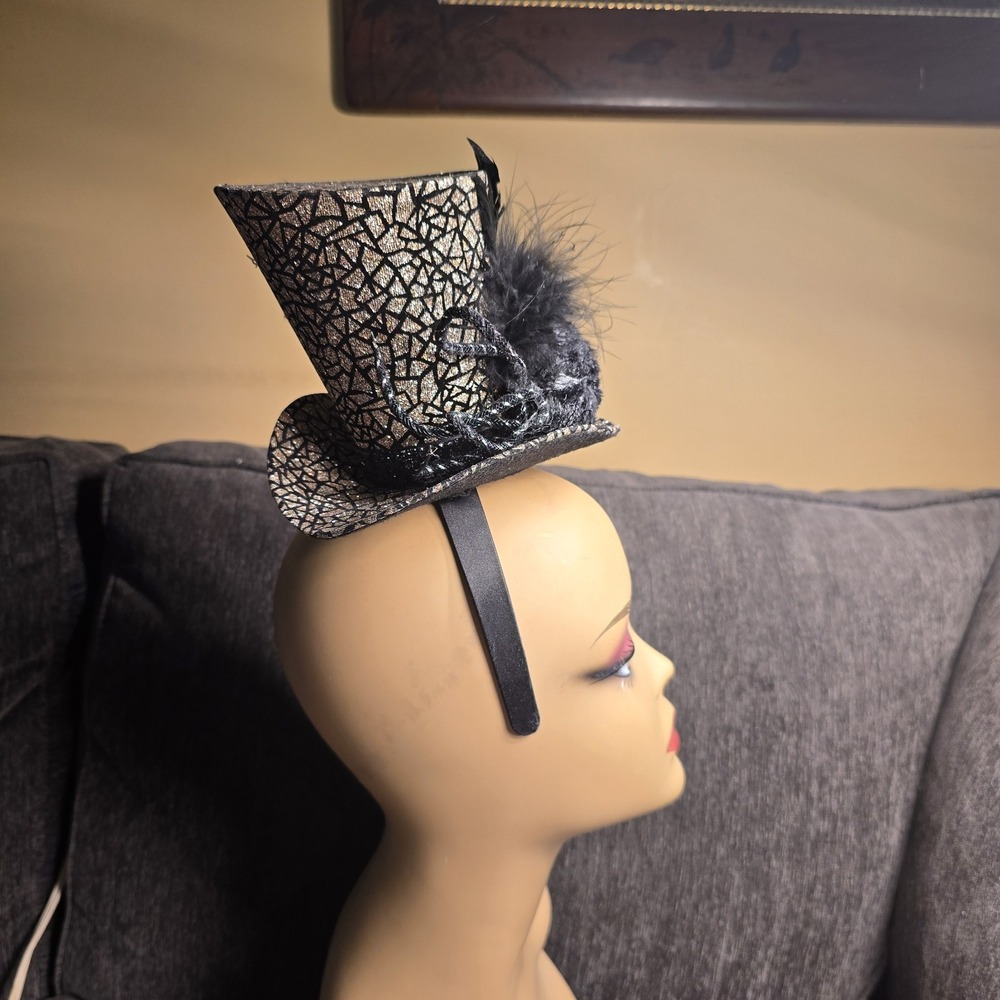 Rose Gold Black Metallic Mini Top Hat Headband‎ Feathers Fascinator Costume - Picture 4 of 6